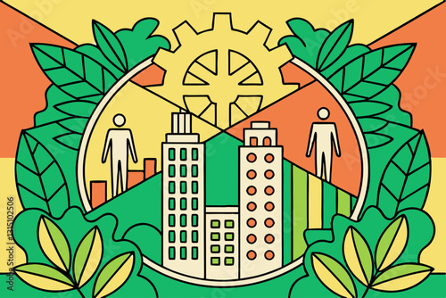 Abstract composition blending human elements, nature, and cityscapes in a modern, artistic style.