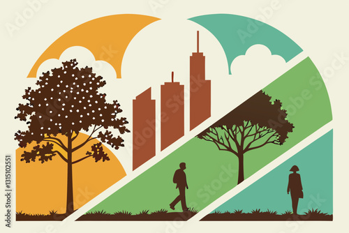 Abstract composition blending human elements, nature, and cityscapes in a modern, artistic style.