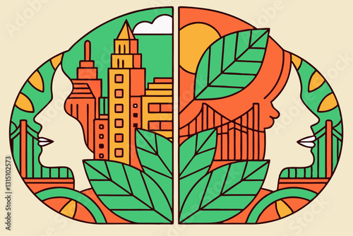 Abstract composition blending human elements, nature, and cityscapes in a modern, artistic style.