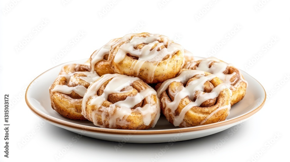 A plate of freshly baked cinnamon rolls with cream cheese icing on a white isolated background A plate of freshly baked cinnamon rolls with cream cheese icing on a white isolated background