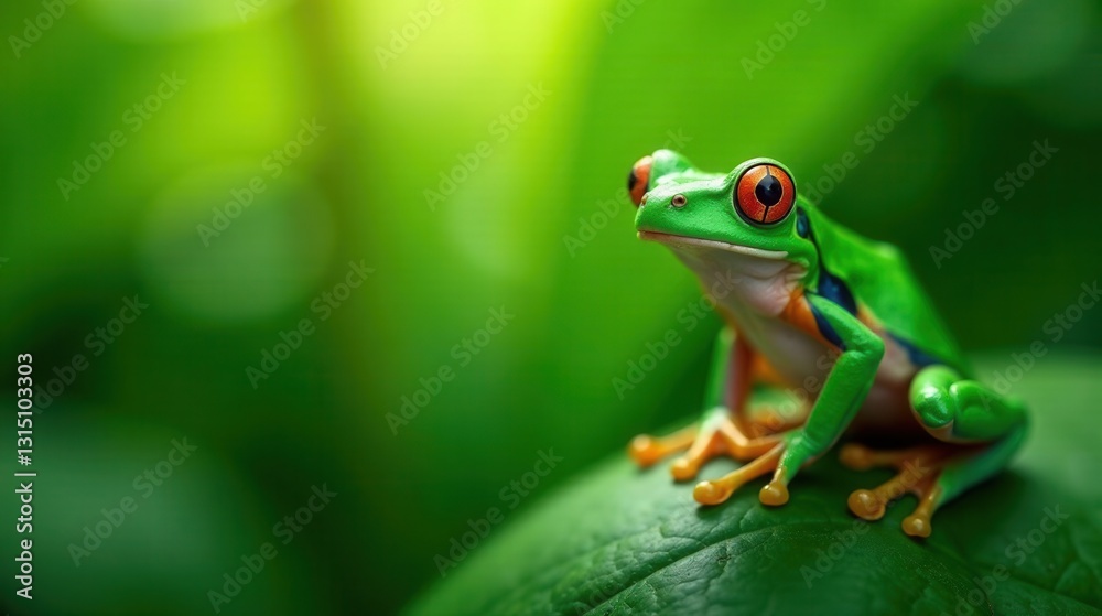 A Vibrant Green Frog with Striking Red Eyes Perched on a Lush Leaf in a Verdant Natural Habitat A Vibrant Green Frog with Striking Red Eyes Perched on a Lush Leaf in a Verdant Natural Habitat