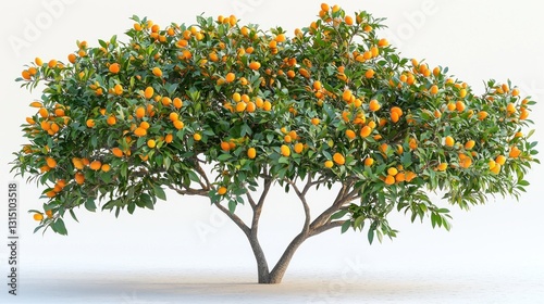 Lush Orange Tree Abundantly Bearing Fruit Against a White Background