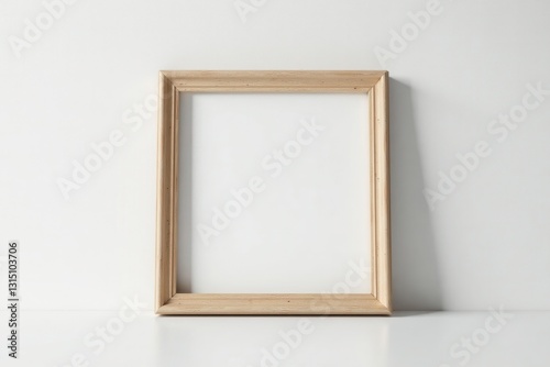 A simple, light natural wood frame rests against a clean, minimalist white wall, ready for your cherished photograph or artwork.