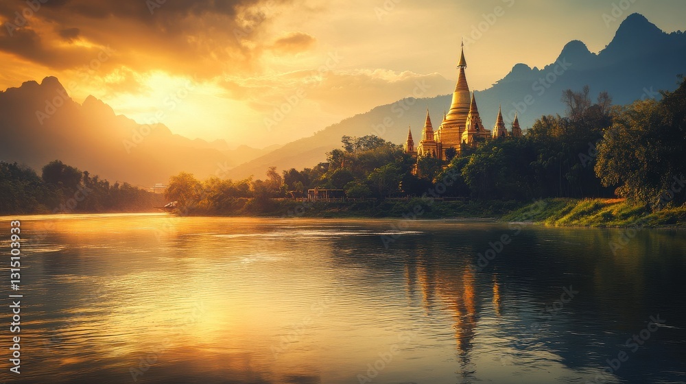 Fototapeta premium Pagoda Surrounded by Flowing River Reflecting Golden