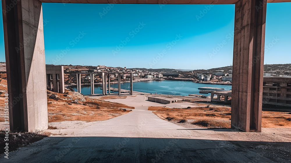 Fototapeta premium Coastal town viewed through concrete frame, abandoned structure, sunny day, potential travel/architecture stock photo