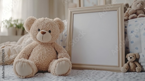 Beige teddy bear sits beside blank canvas frame on bed.