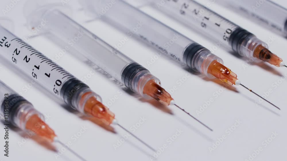 Multiple syringe needles neatly arranged in precise rows, highlighting the sterile and prepared setting in a medical environment. Multiple syringe needles neatly arranged in precise rows, highlighting the sterile and prepared setting in a medical environment.