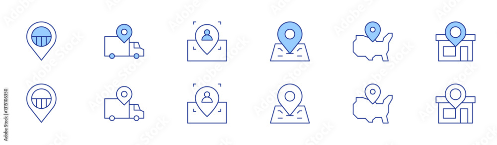 Location icon set in two styles, Duotone and Thin Line style. Editable stroke. delivery truck, united states of america, placeholder, location pin, store Location icon set in two styles, Duotone and Thin Line style. Editable stroke. delivery truck, united states of america, placeholder, location pin, store