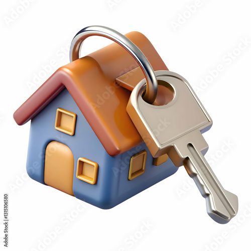 House Key with Keychain. 3D Rendering Illustration