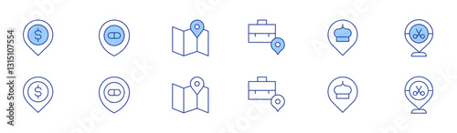Location icon set in two styles, Duotone and Thin Line style. Editable stroke. money, pharmacy, map, location