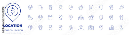Location icons collection. Thin Line icons, editable stroke. location pin, location, money, placeholder, pin, pharmacy, service center, place, map