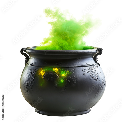 Black cauldron with bubbling green potion and mystical steam isolated on a transparent background. Classic witch's pot filled with boiling magical liquid, commonly associated with fantasy.