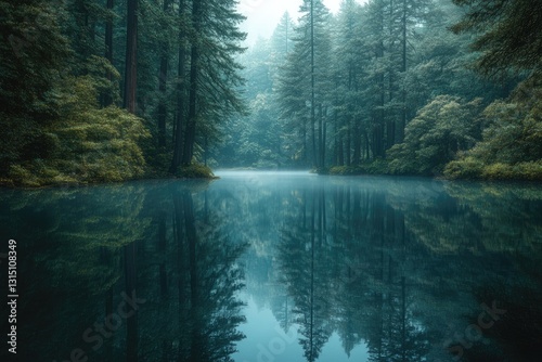 Serene forest lake reflecting misty trees, a tranquil, ethereal scene.