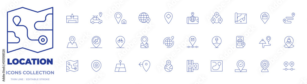 Location icons collection. Thin Line icons, editable stroke. place, location, previous location, verified, globe grid, phone, placeholder, map, geographical Location icons collection. Thin Line icons, editable stroke. place, location, previous location, verified, globe grid, phone, placeholder, map, geographical