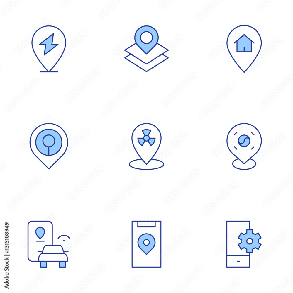 Location icons set. Line Duotone style, editable stroke. location, home, korea, placeholder, location pin Location icons set. Line Duotone style, editable stroke. location, home, korea, placeholder, location pin