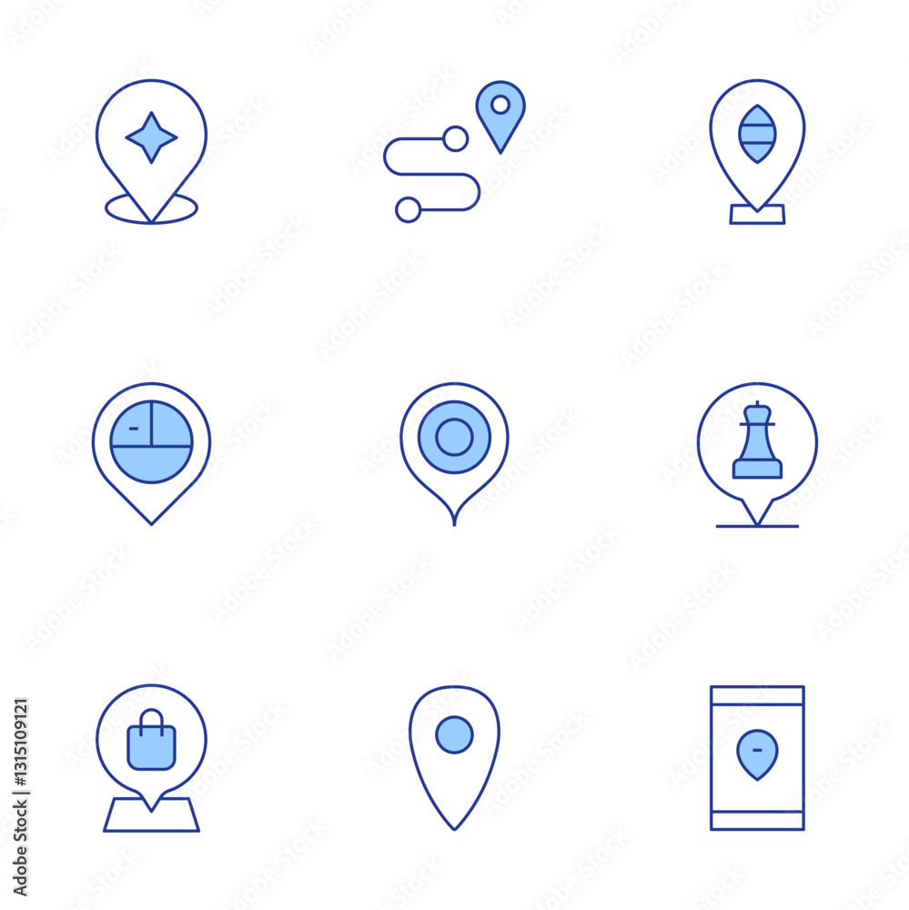 Location icons set. Line Duotone style, editable stroke. location, location pin, route, pin Location icons set. Line Duotone style, editable stroke. location, location pin, route, pin