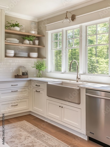 A sunny corner kitchen with a new stainless steel sink
