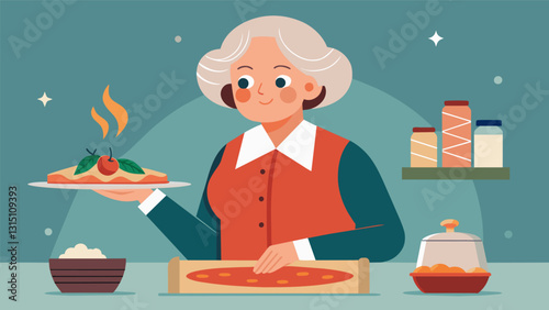 An elegant senior woman reminisces about her childhood in Italy while whipping up a batch of her famous lasagna on her cooking show.. Vector illustration
