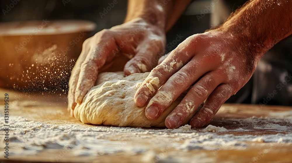 Baker's hands knead dough on a floured surface, crafting fresh bread with skill and expertise. Baker's hands knead dough on a floured surface, crafting fresh bread with skill and expertise.