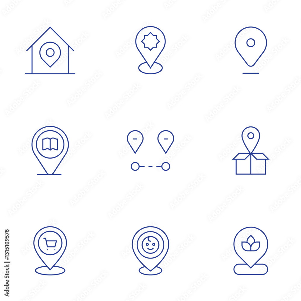 Location icons set. Thin Line style, editable stroke. architecture and city, library, shop, location, box Location icons set. Thin Line style, editable stroke. architecture and city, library, shop, location, box