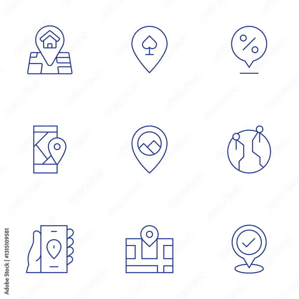 Location icons set. Thin Line style, editable stroke. destination, phone, location, location pin, emerging industries, check Location icons set. Thin Line style, editable stroke. destination, phone, location, location pin, emerging industries, check