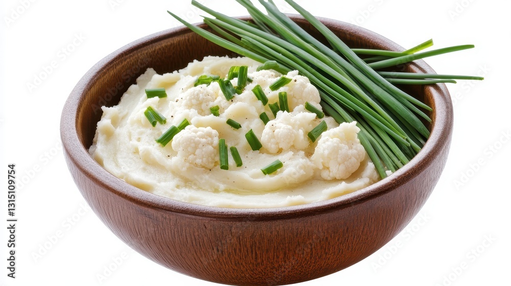 A bowl of creamy mashed cauliflower with chives on a white isolated background A bowl of creamy mashed cauliflower with chives on a white isolated background