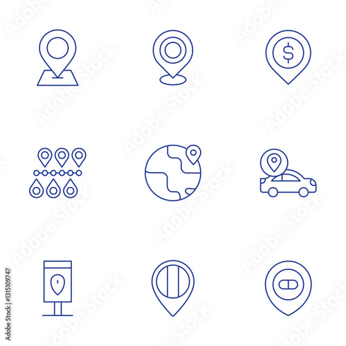 Location icons set. Thin Line style, editable stroke. location pin, location, money, pharmacy, route, maps and location