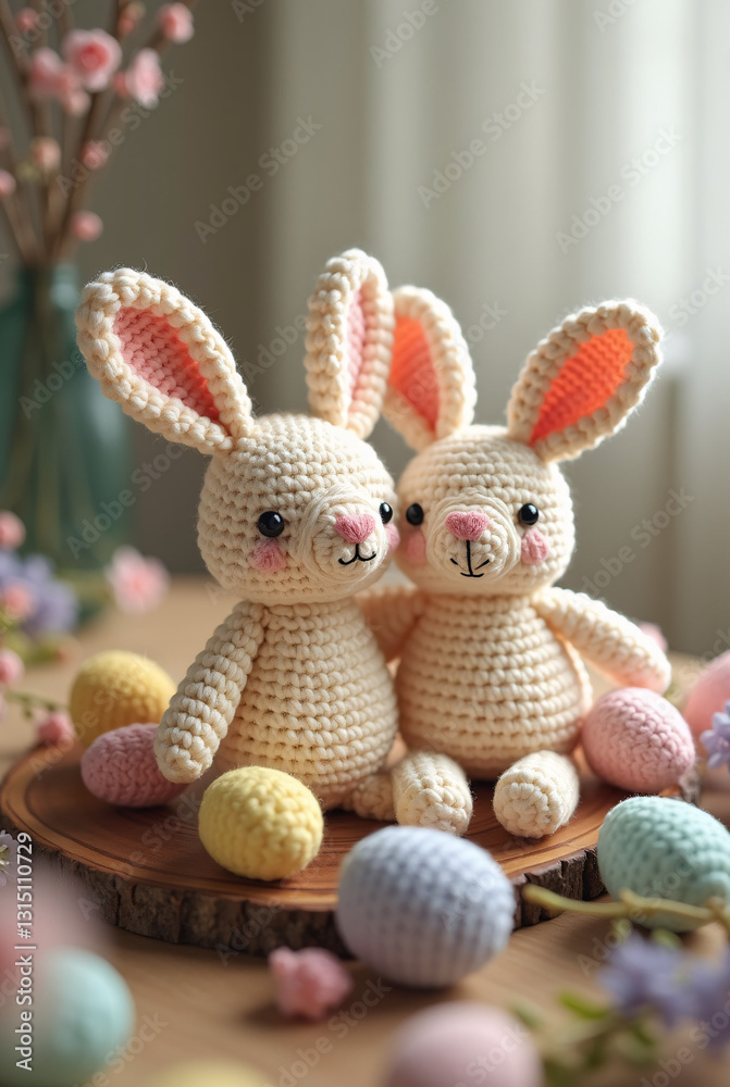 Obraz premium Crocheted bunnies with Easter eggs in a spring setting