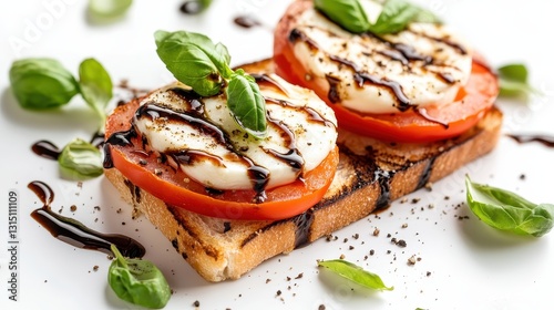 A fresh tomato, basil, and mozzarella sandwich with balsamic glaze on a white isolated background