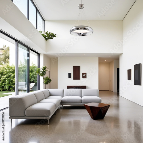 Living bed room in a bright modern house open floor plan minimalist style decoration white background  