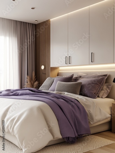 A bedroom setting with an elegant lavender color scheme