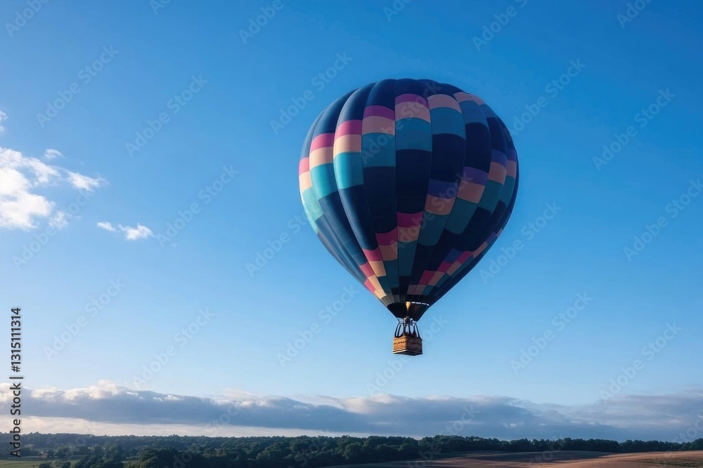 Fototapeta premium vibrant hot air balloon floats gracefully against clear blue sky evoking sense of adventure and freedom with passengers