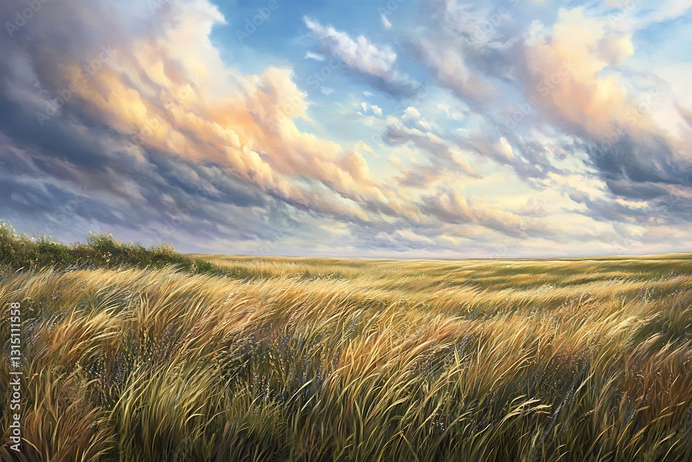 Obraz premium A serene landscape featuring golden grass under a dramatic sky with clouds.