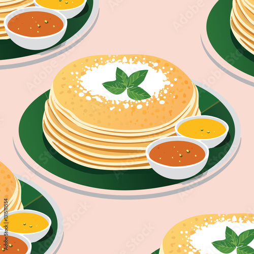 Dosa vector illustration with sambhar and green chutney.eps
