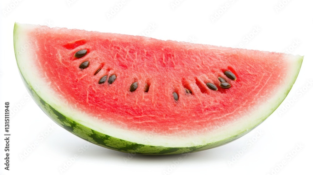 A juicy watermelon slice with seeds and bright red flesh on a white isolated background A juicy watermelon slice with seeds and bright red flesh on a white isolated background