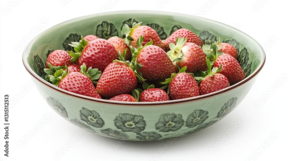 A bowl of fresh strawberries with green stems on a white isolated background A bowl of fresh strawberries with green stems on a white isolated background