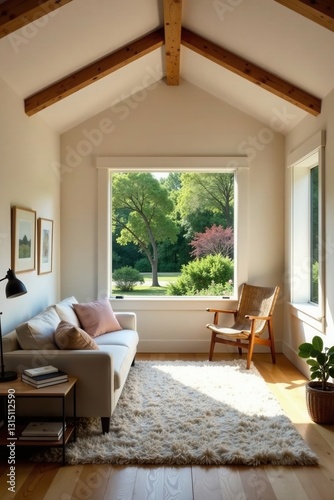 Serene living room with natural light, showcasing a comfortable sofa,  wooden chair, and a fluffy rug, all complemented by a large window offering a view of lush greenery.
