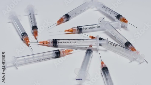 Wallpaper Mural Amid a sterile setting, numerous single-use syringes with capped needles are arranged, highlighting their role in healthcare safety and medical procedures. Torontodigital.ca