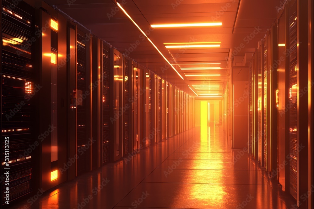 Fototapeta premium A captivating view of a modern data center corridor illuminated by warm orange lights, showcasing advanced technology and storage solutions in a sleek environment.