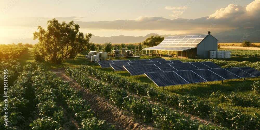 Sustainable Farming with Solar Panels and Green Fields at Sunset Sustainable Farming with Solar Panels and Green Fields at Sunset