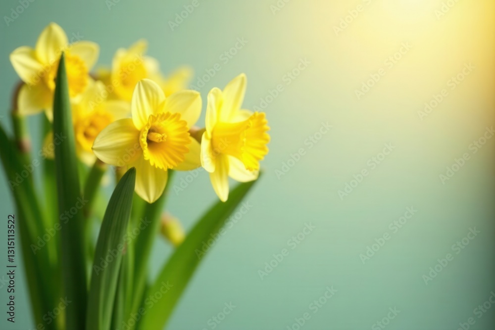 Fototapeta premium A cluster of vibrant yellow daffodils basking in the warm sunlight against a soft, teal backdrop, symbolizing the arrival of spring