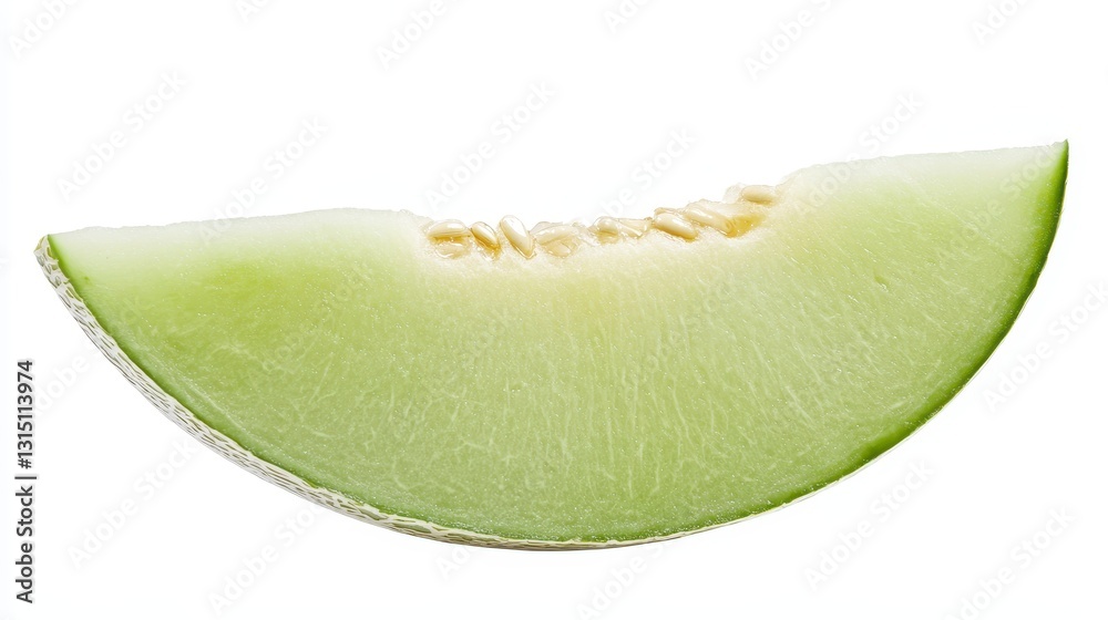 A fresh slice of honeydew melon with a light green color and seeds visible on a white isolated background A fresh slice of honeydew melon with a light green color and seeds visible on a white isolated background