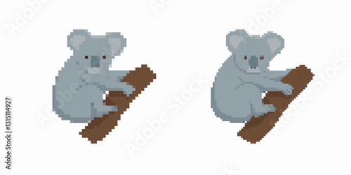 Two pixel art koalas are shown sitting on eucalyptus branches, rendered in a cute digital style.