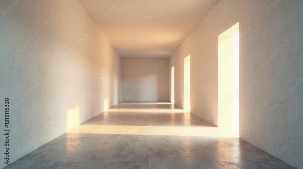 Obraz premium Sunlit Empty Hallway with Recessed Doorways and Polished Concrete Floor