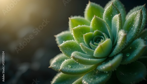 Close-up of Dewy Green Succulent Vibrant Macro Photography on Dark Background with Natural Light