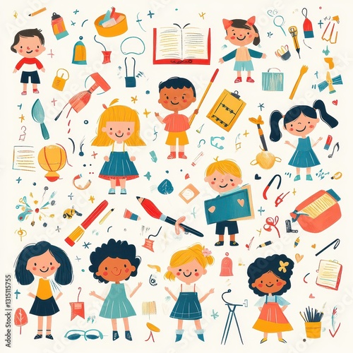 A diverse group of children, laughing and playing together in a sunlit park, engaging in various activities like tag, playing with a ball, and flying colorful kites.