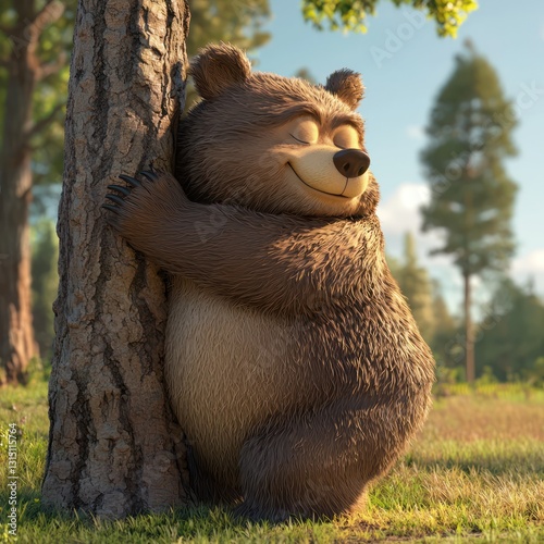 Happy bear rubbing its back against a tree, playful stance, relaxed expression on a clean white background.