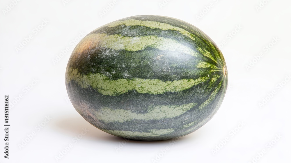 A whole watermelon with a striped green skin on a white isolated background A whole watermelon with a striped green skin on a white isolated background