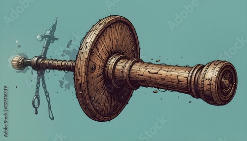Medieval flail weapon, vintage style illustration