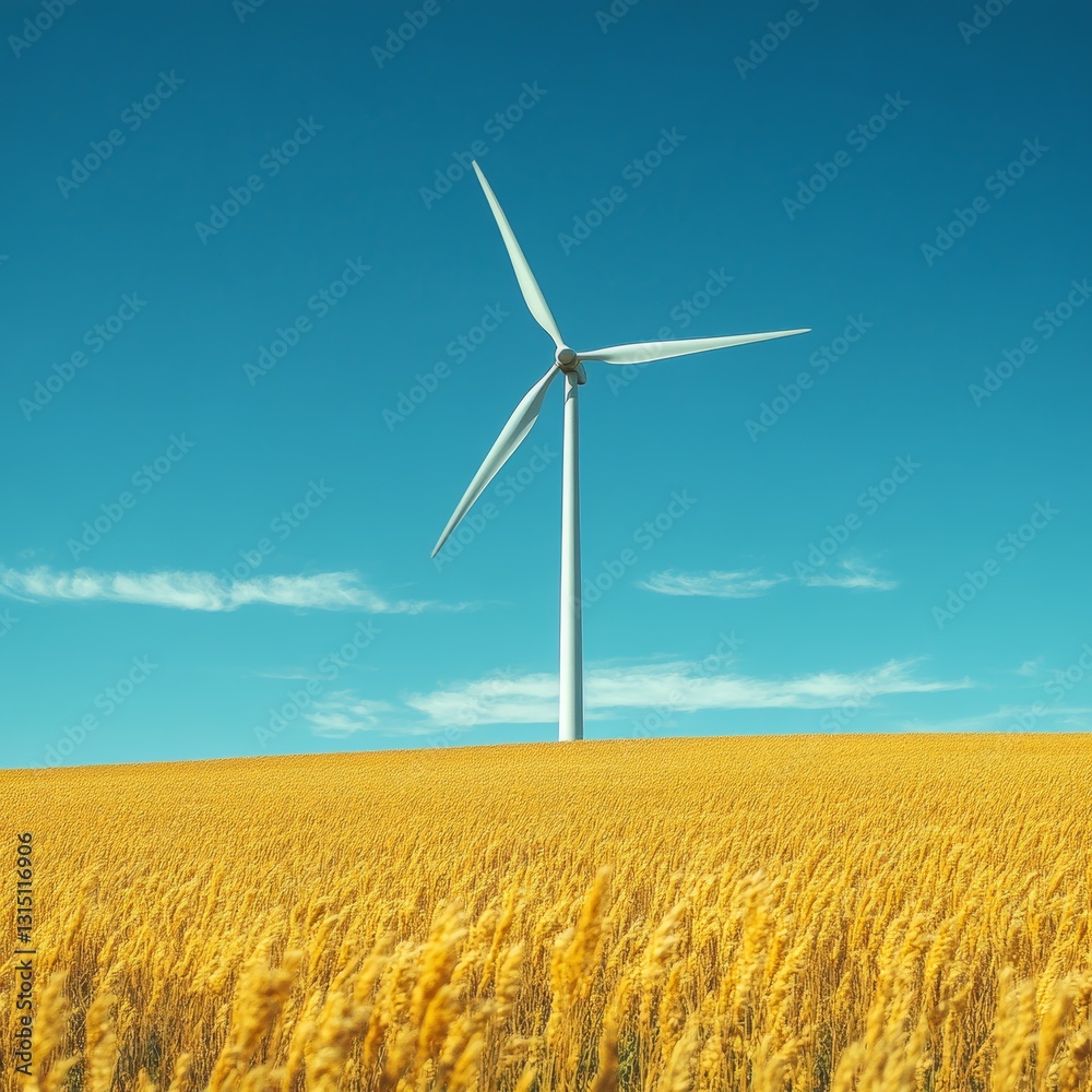 A stunning wind turbine towers over a golden wheat field under a bright blue sky, symbolizing the fusion of renewable energy and agriculture in a serene landscape. A stunning wind turbine towers over a golden wheat field under a bright blue sky, symbolizing the fusion of renewable energy and agriculture in a serene landscape.